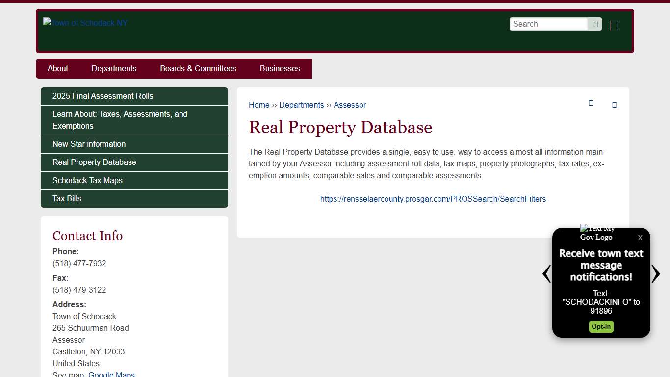 Real Property Database Town of Schodack NY