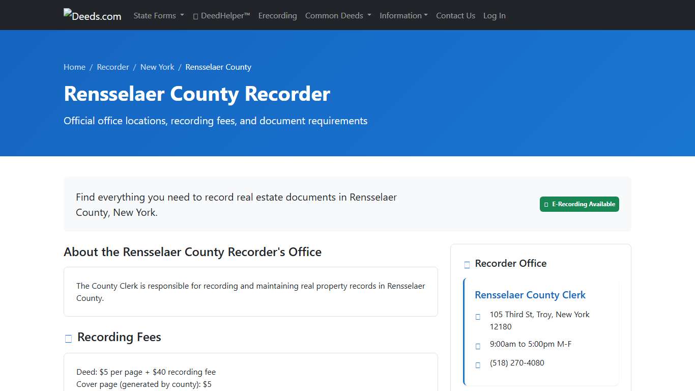 Rensselaer County Recorder Information, New York - Deeds.com